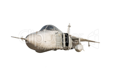 Military jet bomber Su-24 Fencer flying a white background.