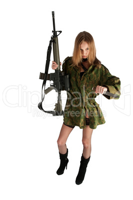 Woman with gun and knife on white
