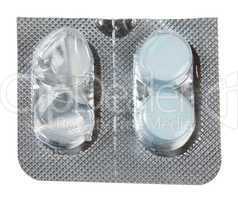 Foil packet for tablets with two blue tablets
