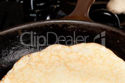 Cooking pancake mix into frying pan