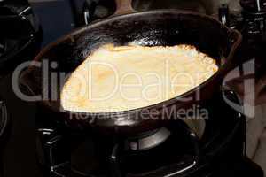 Frying pancake mix into pan
