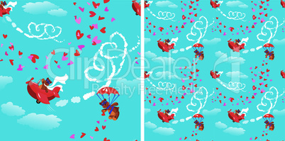 Seamless pattern. Teddy bear aviators in love. Pilots by the red planes draws hearts in the sky. Funny cartoon.