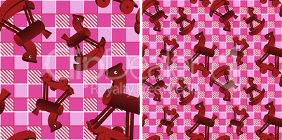 seamless pattern with toys red horses on checked pink background