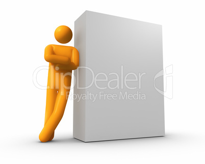 Businessman leaning against a Blank Box