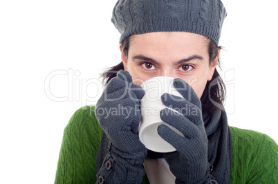 Winter woman having coffee