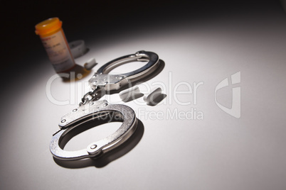 Handcuffs, Medicine Bottle and Pills Under Spot Light