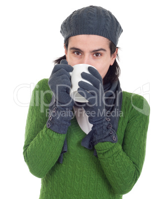 Winter woman having coffee