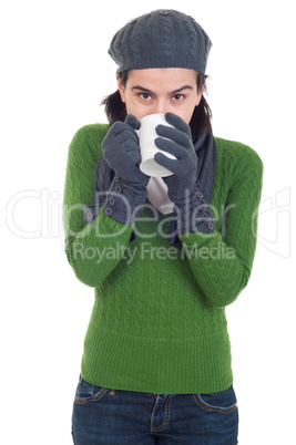 Winter woman having coffee