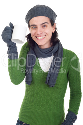 Winter woman holding mug