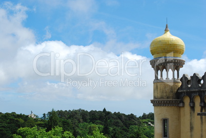 Yellow tower of Pena Palace in Sintra, Portugal