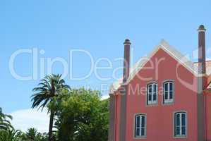 Pink traditional building with palm trees garden