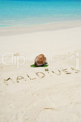 Maldives written in a sandy tropical beach and coconut fruit