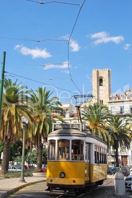 Cityscape of Lisbon city with Sé Cathedral and Yellow Tram