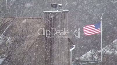 Snowy , trees and US flag on the background