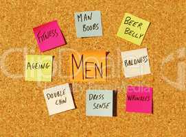 Men concerns on a cork board