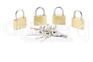 Golden closed padlocks with keys on white