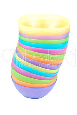 Stacked colorful bowls on white