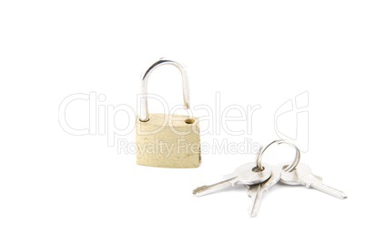 Golden open padlock with keys on white