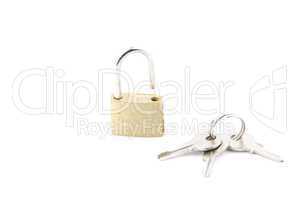 Golden open padlock with keys on white