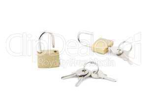 Two golden open padlock with keys on white