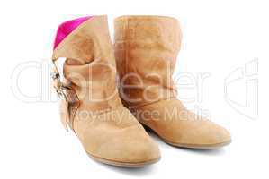 Women leather brown boots on white
