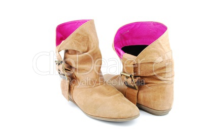 Women leather brown boots on white