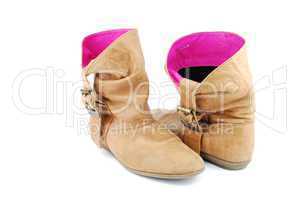 Women leather brown boots on white