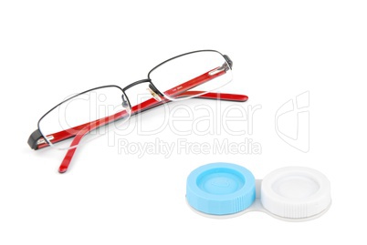 Glasses and contact lenses case on white