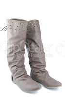 Women leather dark brown boots on white