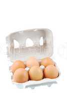 Six brown eggs packed in a carton box