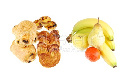 Healthy vs unhealthy (baked goods and fruits on white)