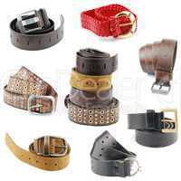 Collection of leather belts on white