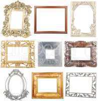Collection of wooden and metallic frames on white