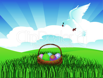 Pigeon and an easter basket
