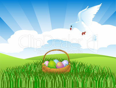 Pigeon and an easter basket