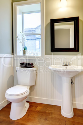 Small nice bathroom with green walls and cherry floor.