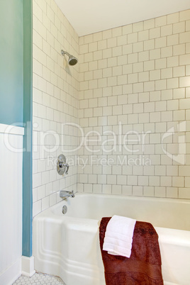 Shower and tub with white classic tile and blue wall.