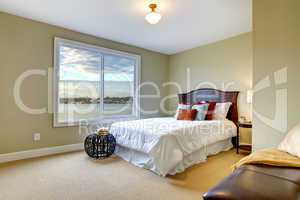 Green large bedroom with white bed and water view.