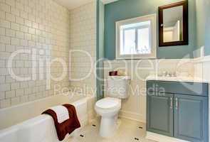 New remodeled blue bathroom with classic white tile.