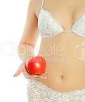 female body and red apple