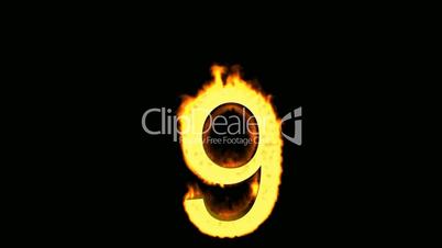 burning numbers 9,flames on black background.