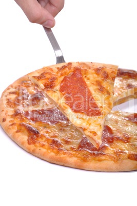 Serving pepperoni pizza
