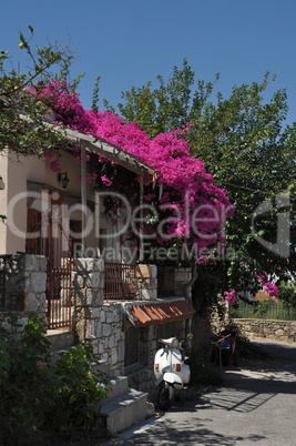 Greek house with bougainvillea and scooter