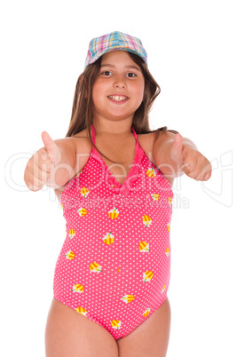 Girl in swimsuit showing thumbs up