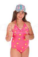 Girl in swimsuit showing thumbs up