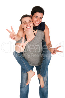 Sisters showing victory sign