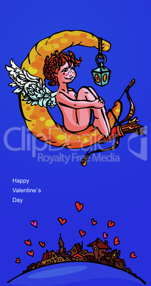 Postcard for Valentine`s Day with funny angel with bow and arrows on moon