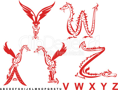 Series of dragons alphabet, letters VWXYZ, fantasy dragon font