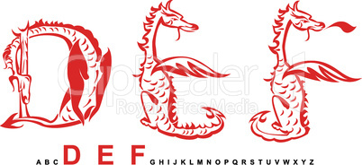 Series of dragons alphabet, letters DEF, fantasy dragon font