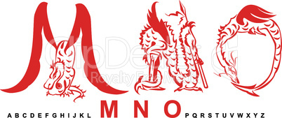 Series of dragons alphabet, letters MNO, fantasy dragon font